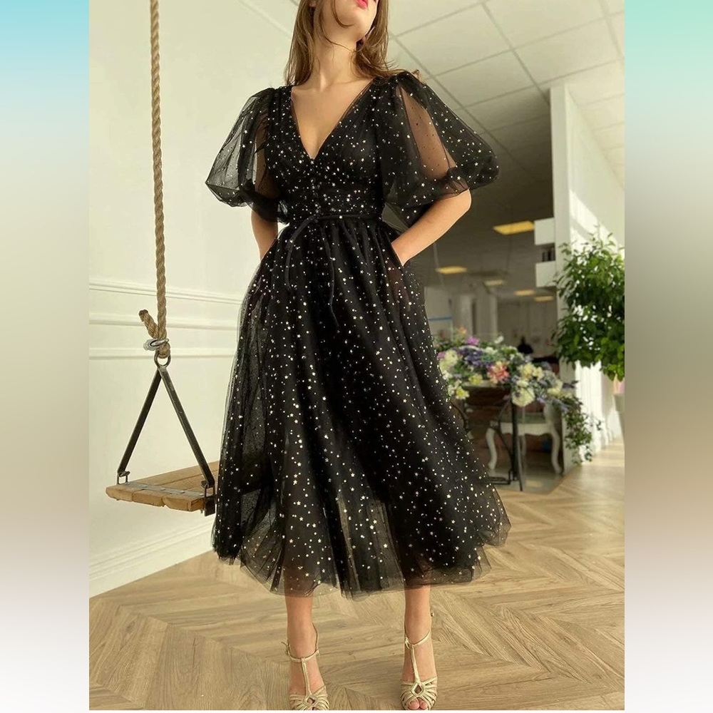 Sparkle Starry Tulle A Line Puffy Sleeve Dress